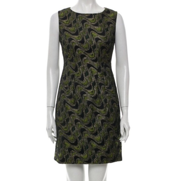 Lafayette 148 Metallic Shimmer Wave Shift Dress Green Black Gold Retro Mod Sz 2 - Picture 1 of 10